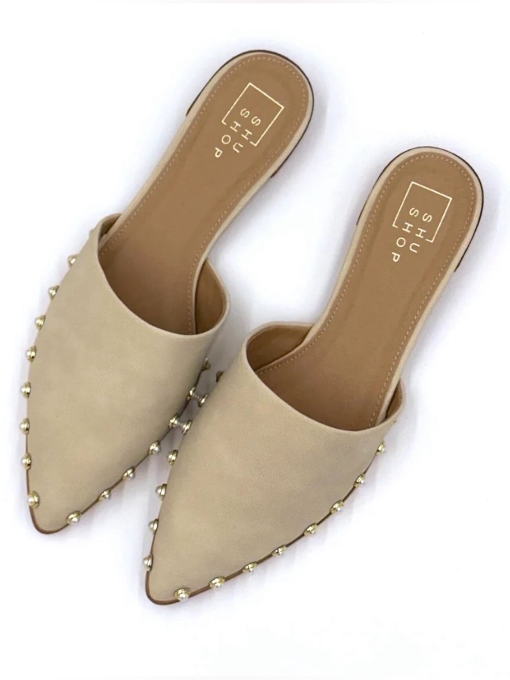 ShuShop Alaska Ivory Bone Studded Pointed Toe Mules | Slip-On Flats Neutral Chic